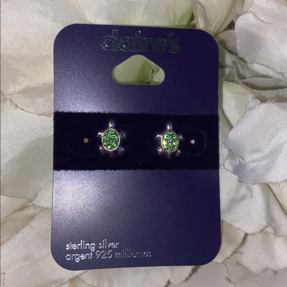 Claire's Silver Turtle Earrings with Green Stones Sterling Silver Turtle Studs - Picture 2 of 9
